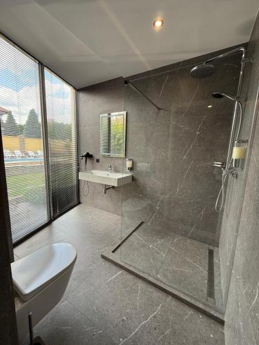 a bathroom with a shower and a toilet and a sink at Aero Hotel in Chişinău