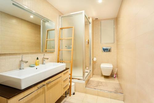 a bathroom with a sink and a shower and a toilet at Appartement confortable, central 200m2 in Levallois-Perret