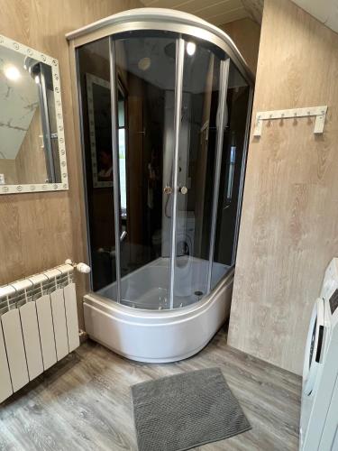 a bathroom with a shower with a glass enclosure at Apartment Vainagu street Sigulda in Sigulda
