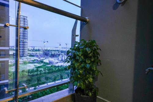 a potted plant sitting in front of a window at CĂN HỘ VINHOMES GRAND PARK QUẬN 9 Studio in Gò Công