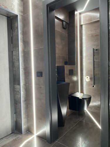 a bathroom with a black toilet and a mirror at Luna Apartments C in Suceava