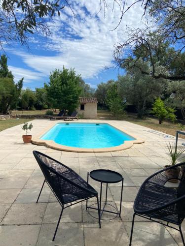 deux chaises et une table à côté d'une piscine dans l'établissement Villa en pierre - Draguignan, à Draguignan
