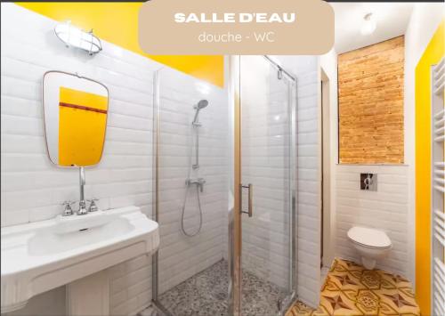 une salle de bain avec une douche, un lavabo et des toilettes dans l'établissement T3 charme ancien au coeur de Toulon, à Toulon