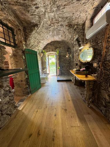 a room with a green door and a stone wall at Acquaviva, Petra - By Ligooria in Tovo San Giacomo