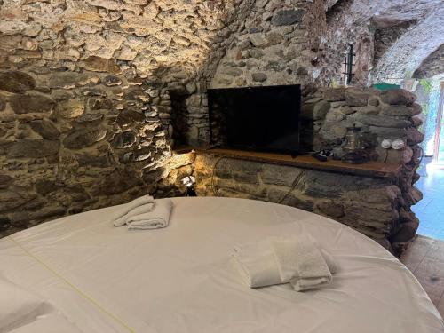 a bedroom with a bed in a stone wall at Acquaviva, Petra - By Ligooria in Tovo San Giacomo