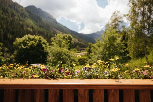 a garden of flowers on a wooden railing with mountains in the background at Untermairhof Appartment Residence in Selva dei Molini