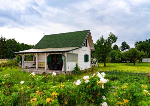 a white house with a green roof in a field of flowers at Biały Domek w Ogrodzie Różanym 