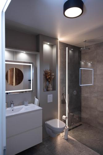 a bathroom with a sink and a toilet and a shower at Luxury Villa in Golden Circle with hot tub in Selfoss