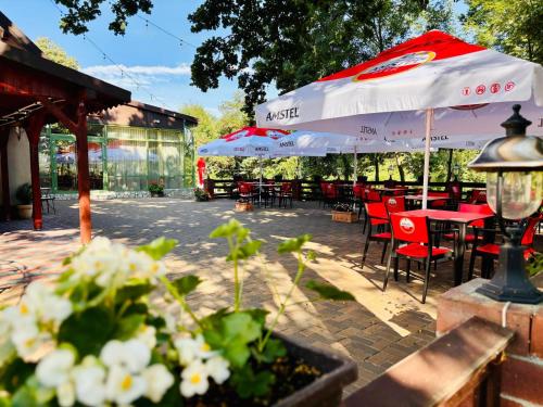 a patio with tables and chairs and an umbrella at Bunika's - Cabana Stejarul in Baisa
