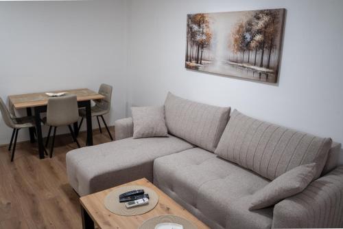 a living room with a couch and a table at Apartmani Novakovic in Velika Plana