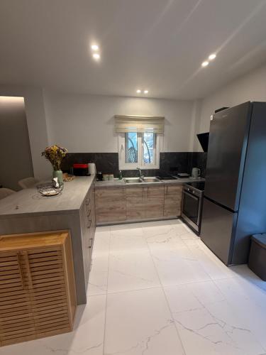 a large kitchen with a refrigerator and a sink at Light & kozy apartment in Patra