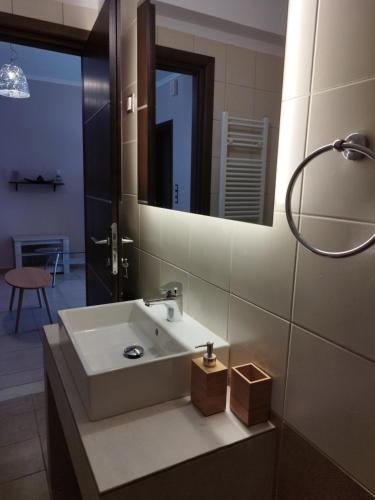 a bathroom with a white sink and a mirror at Maria's Rose Garden in Lefkada