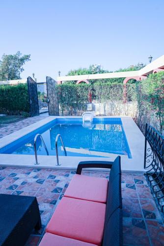 a swimming pool with a pink bench next to it at Andalusia Blue Beach Hurghada in Hurghada