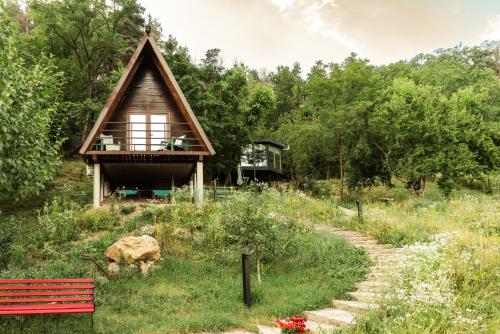 a small cabin in the middle of a forest at Open View Place The A Frame in Scăricica