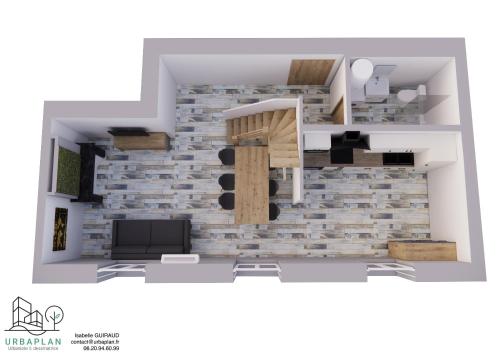 un rendu d'un salon avec un mur en pierre dans l'établissement Centre Historique - FREE Parking - Self Checkin - WIFI - LA CABANE - SLEEPNTRIPBEZIERS, à Béziers