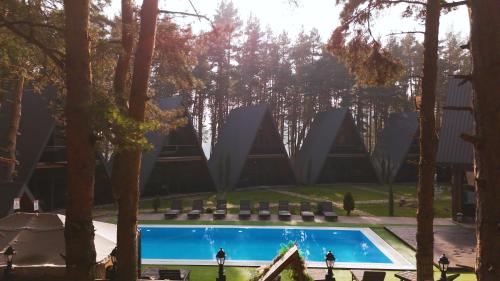 a swimming pool in the middle of a park with trees at Park Hotel Surami Chalet in Surami
