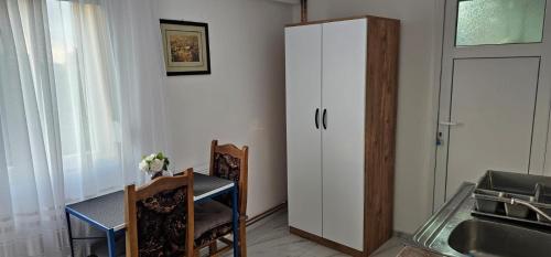 a kitchen with a table and a white refrigerator at Studio Dana in Arandjelovac