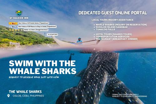 a poster for swim with the whale sharks at GT Seaside Inn in Oslob