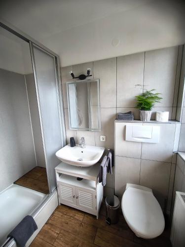 a small bathroom with a sink and a toilet at Ferienwohnung Claire in Bad Kohlgrub