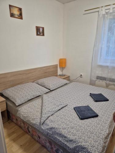 a bedroom with a bed with two pillows on it at Apartmany-Anna in Podhájska