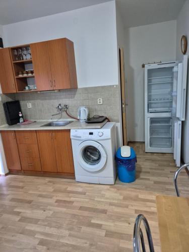 a kitchen with a washing machine and a sink at Apartmany-Anna in Podhájska