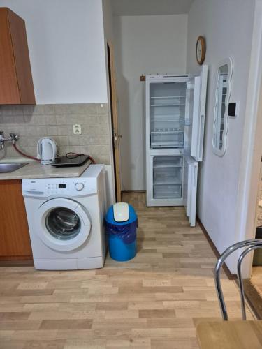 a kitchen with a washing machine and a refrigerator at Apartmany-Anna in Podhájska
