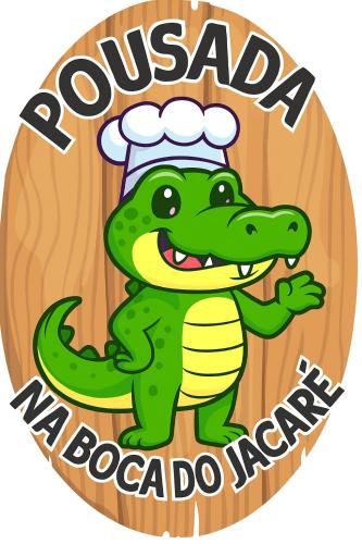 an illustration of a crocodile wearing a chefs hat at Na Boca do Jacaré in Caraguatatuba