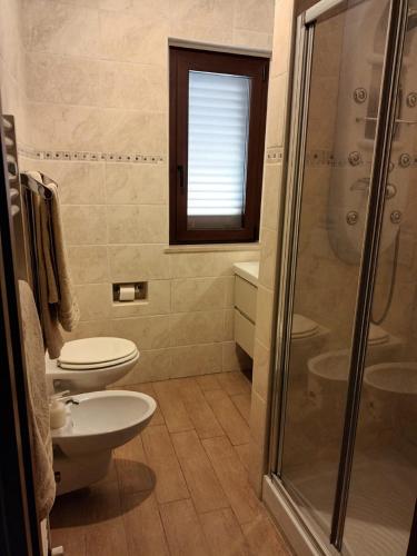 a bathroom with a toilet and a shower at I Tre Laghi Countryhouse 14 posti letti Cottage 10 posti letti in Citta' Sant'Angelo