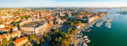 an aerial view of a city next to the water at App Damiani in Oprtalj