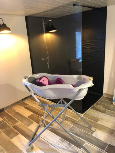 a white baby carriage in a bathroom with a shower at Lemagil in Guéret
