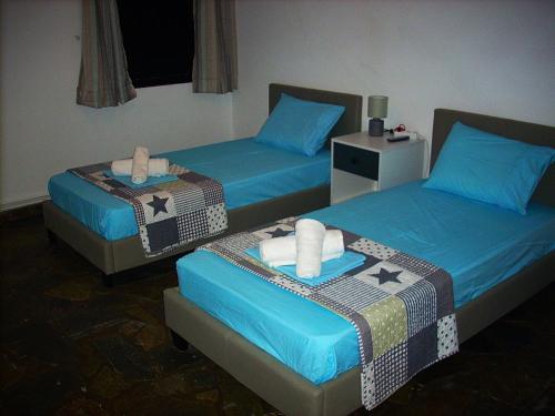 two beds in a room with blue sheets at Sea view house I in Dhílesi