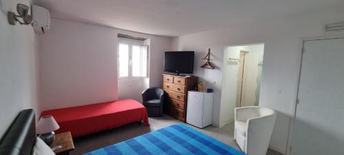 a small bedroom with a red bed and a tv at Charme de Monsaraz II in Monsaraz