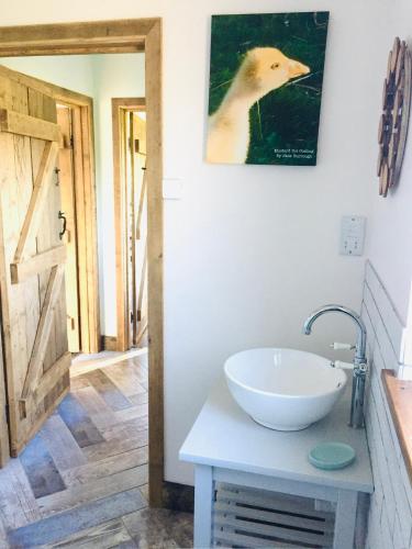 a bathroom with a sink and a picture of a duck on the wall at Deer Den timber clad cabin with hot tub, up private lane in Cullompton
