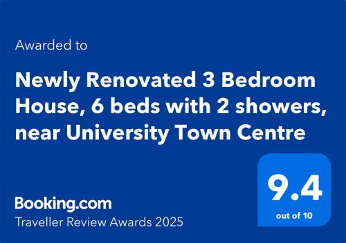 a screenshot of a phone with the words newly renovated bedroom house and beds with at Newly Renovated 3 Bedroom House, 6 beds with 2 showers, near University Town Centre in Lancaster