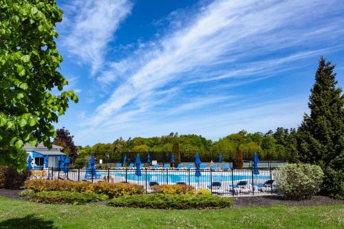 a pool with chairs and blue umbrellas at The Lynx - 35 Butternut in Cherry Valley