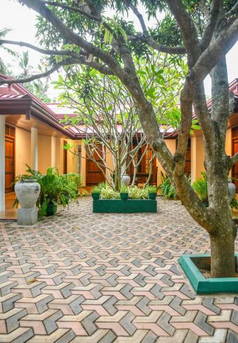 a courtyard with a tree in front of a building at EverGreen Resort Udawalawe in Udawalawe