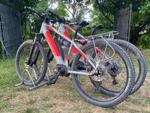 two bikes parked next to each other on the grass at Stanza nel bosco alla Canova di Biforco in Rocca San Casciano