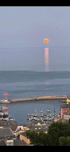 un frisbee jaune survolant un port avec des bateaux dans l'établissement F3 Gd standing 87 m2 Extraordinaire vue mer pano, à Bastia
