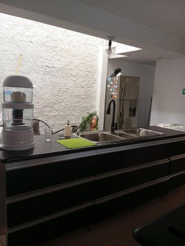 a kitchen counter with a sink and a coffee maker at Hostal Galería de la Montaña, Medellin in Estación El Salto