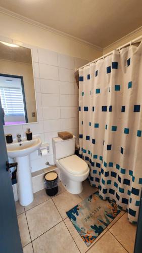 a bathroom with a toilet and a sink and a shower at Departamentos Amoblados Chileruca in Santiago