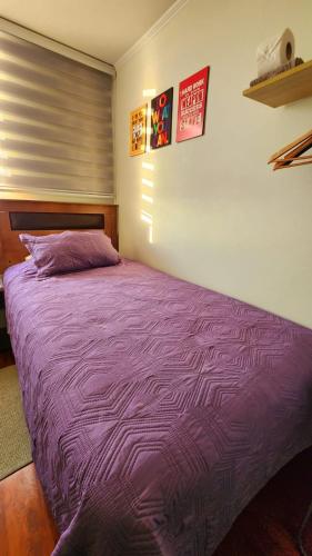 a bed in a bedroom with a purple blanket at Departamentos Amoblados Chileruca in Santiago
