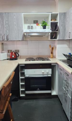 a kitchen with a stove top oven in a kitchen at Departamentos Amoblados Chileruca in Santiago