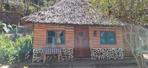 a small wooden cabin with a thatch roof at Eco-Hotel Mayachik in San Juan La Laguna