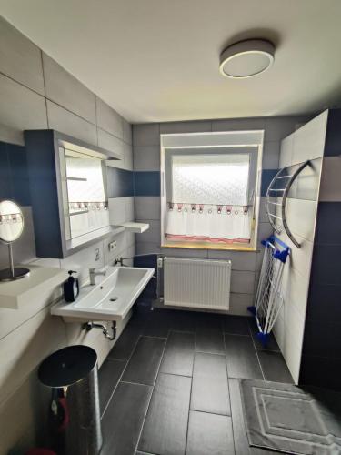 a blue and white bathroom with a sink and a window at Ferienhaus Bailey in Laupheim