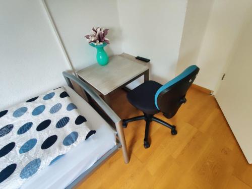 a desk with a chair next to a bed at Ferienhaus Bailey in Laupheim