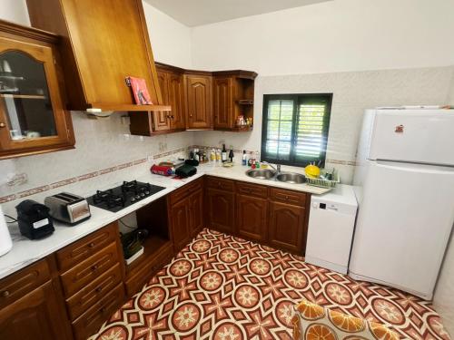 a kitchen with wooden cabinets and a white refrigerator at Santinho House - com carregador de carros eléctricos in Ferreira do Alentejo