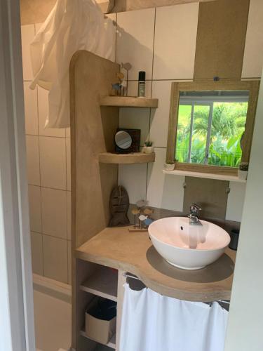 a bathroom with a sink and a window at T2 Beausoleil in Les Abymes