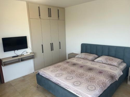 a bedroom with a blue bed and a tv at Vila Natalia in Petrovac na Moru