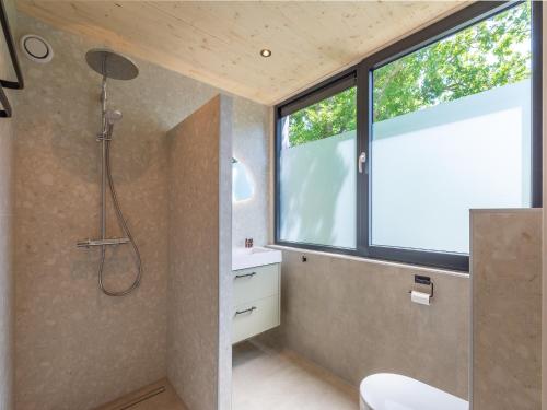 a bathroom with a shower and a toilet and a window at Luxury holiday home by the sea in Sint Maartenszee