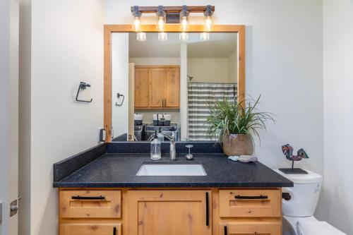 un baño con lavabo y espejo en River Dance Cabin, en Packwood